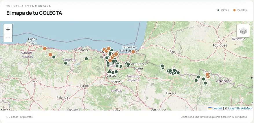 Vista real de Mi COLECTA: mapa con cimas y puertos en el norte de España